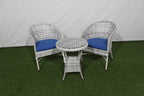 3-piece outdoor set with two wicker armchairs and round glass side table, blue cushions