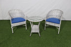 3-piece outdoor seating set: 2 wicker chairs with blue cushions and round glass table
