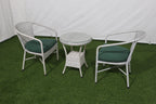 Outdoor patio 3-piece set: two armchairs with green cushions and a round table