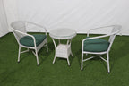 Outdoor patio 3-piece set with two armchairs, round side table, and green cushions