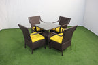 Outdoor patio furniture set: square table with 4 dark woven chairs, yellow cushions