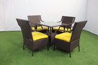Outdoor patio set: 4 dark woven armchairs with yellow seat cushions, square table
