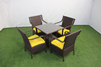 Outdoor patio furniture set: square table and 4 dark woven chairs with bright yellow cushions