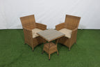3-piece outdoor dining set with two woven armchairs surrounding square table