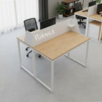 Two-seat workstation desk with light wood MDF top and white metal frame