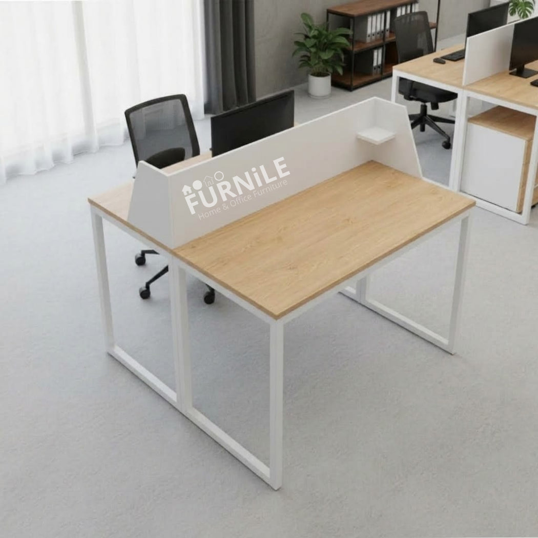 Two-seat workstation desk with light wood MDF top and white metal frame