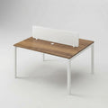 Two-seat workstation desk with wood top and white metal legs, fixed cable management panel