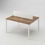 Two-seat workstation desk with wood top and white metal legs, fixed cable management panel