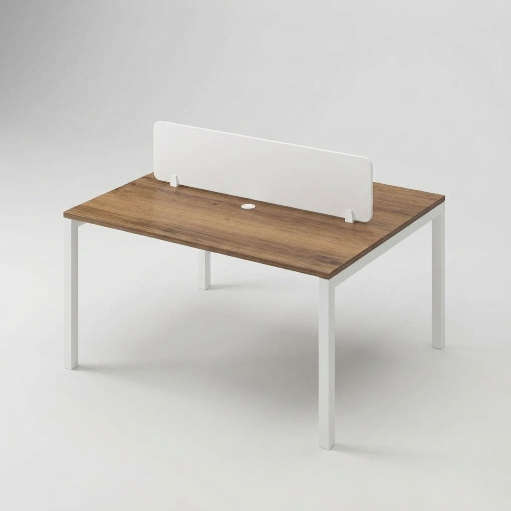 Two-seat workstation desk with wood top and white metal legs, fixed cable management panel