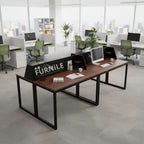 Four-seat workstation desk with dark wood MDF top and black metal frame