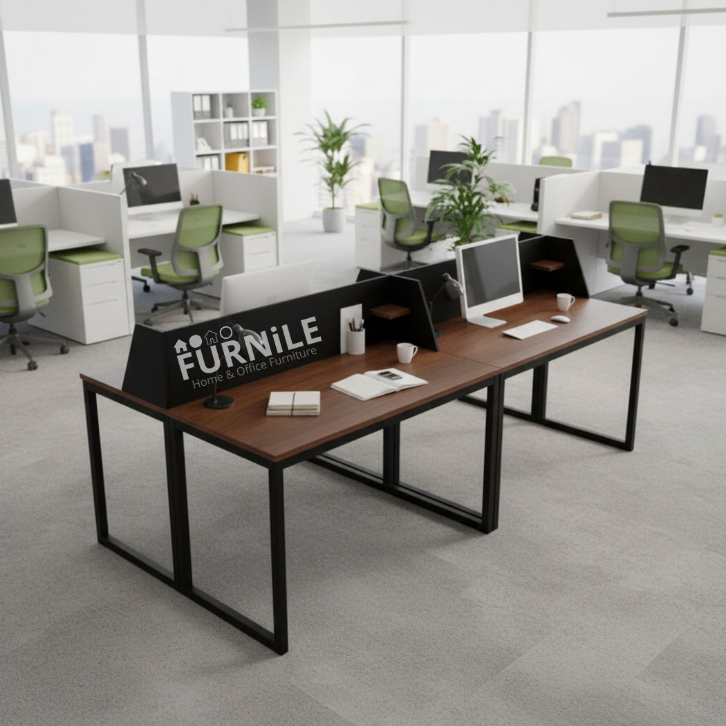Four-seat workstation desk with dark wood MDF top and black metal frame
