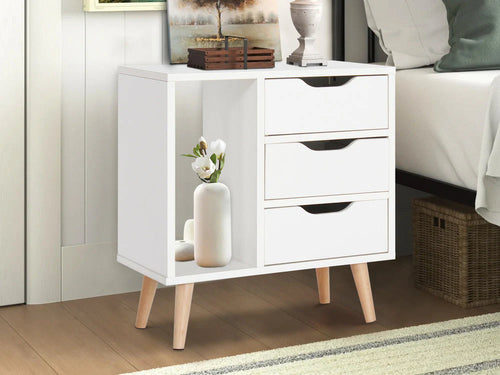 White MDF commode cabinet with open compartment and two drawers, wooden legs