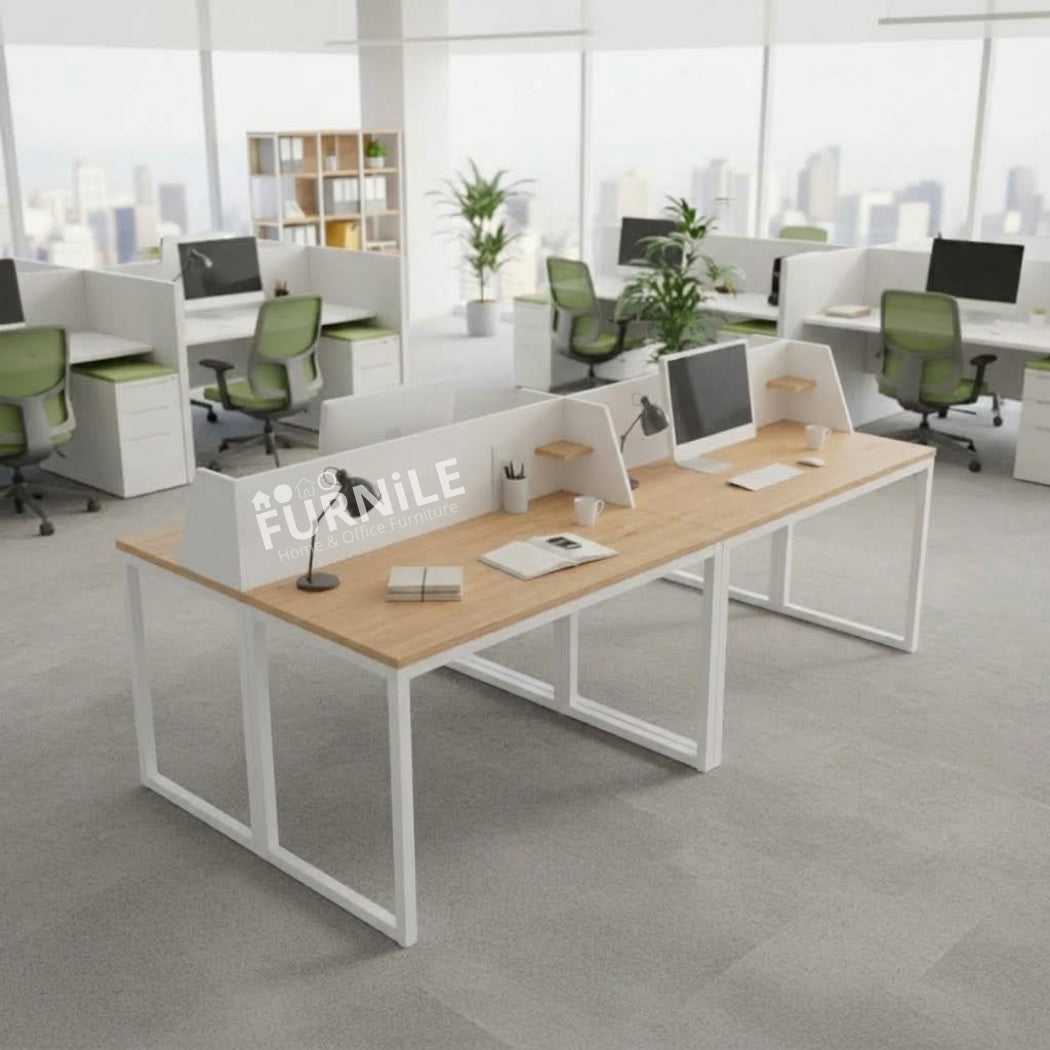 4-seat workstation desk with light wood top, white metal frame, and privacy dividers