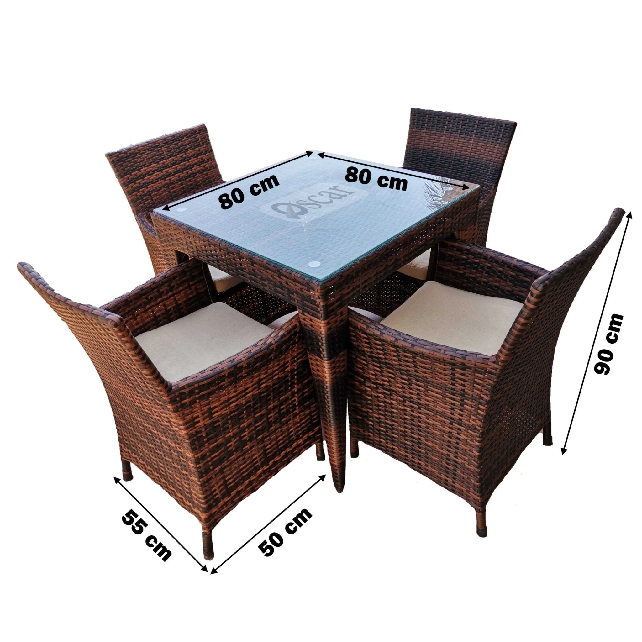 Rattan dining set for 4 with glass-top table; chair/table dimensions shown in cm