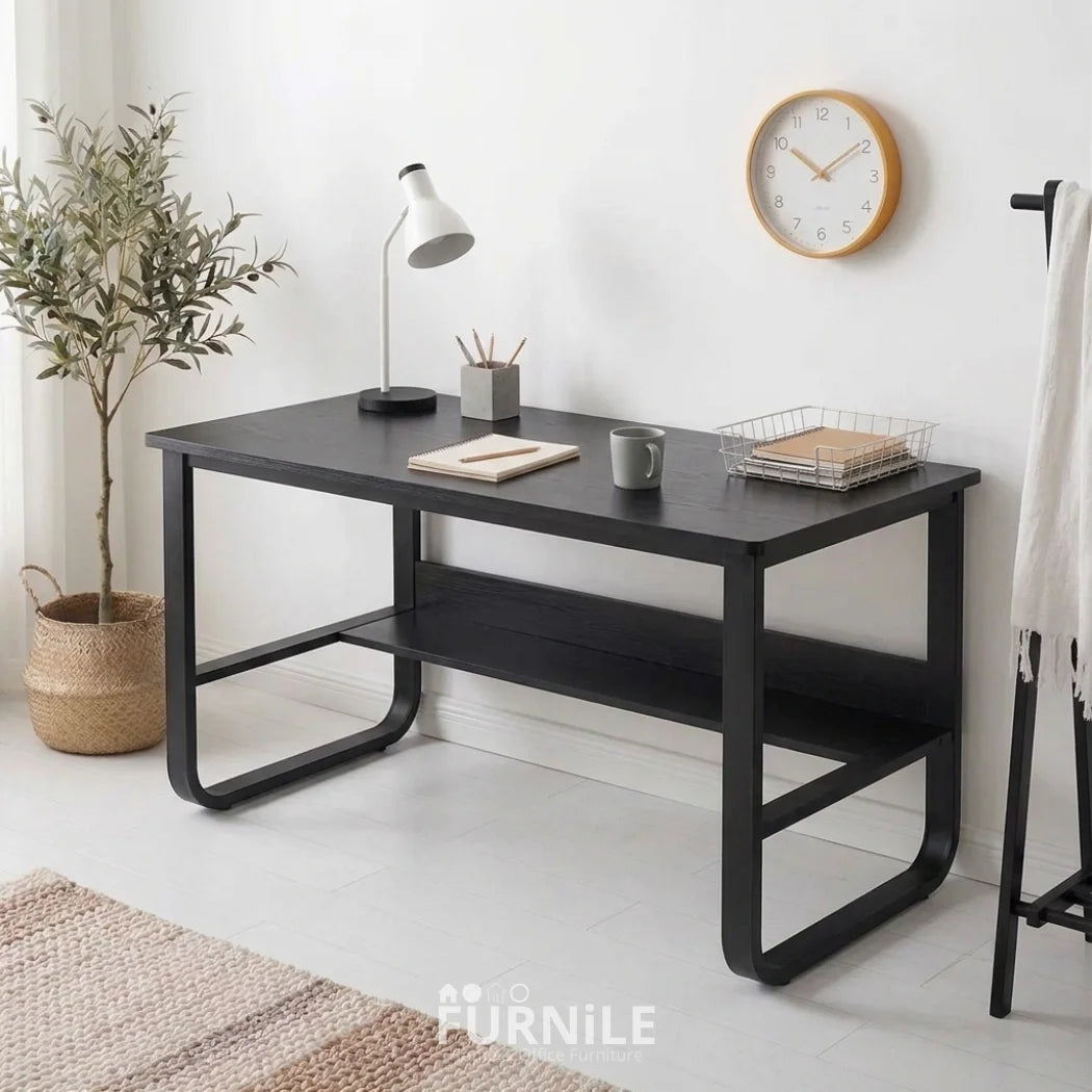 Rectangular MDF desk with black finish, metal frame, and open storage shelf