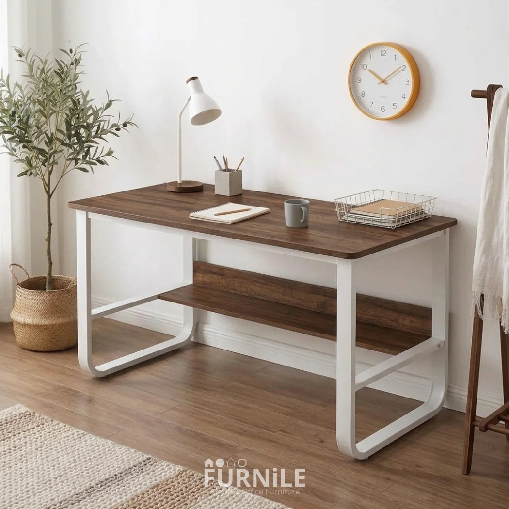 Modern office desk with dark wood top, white metal frame, open side shelves