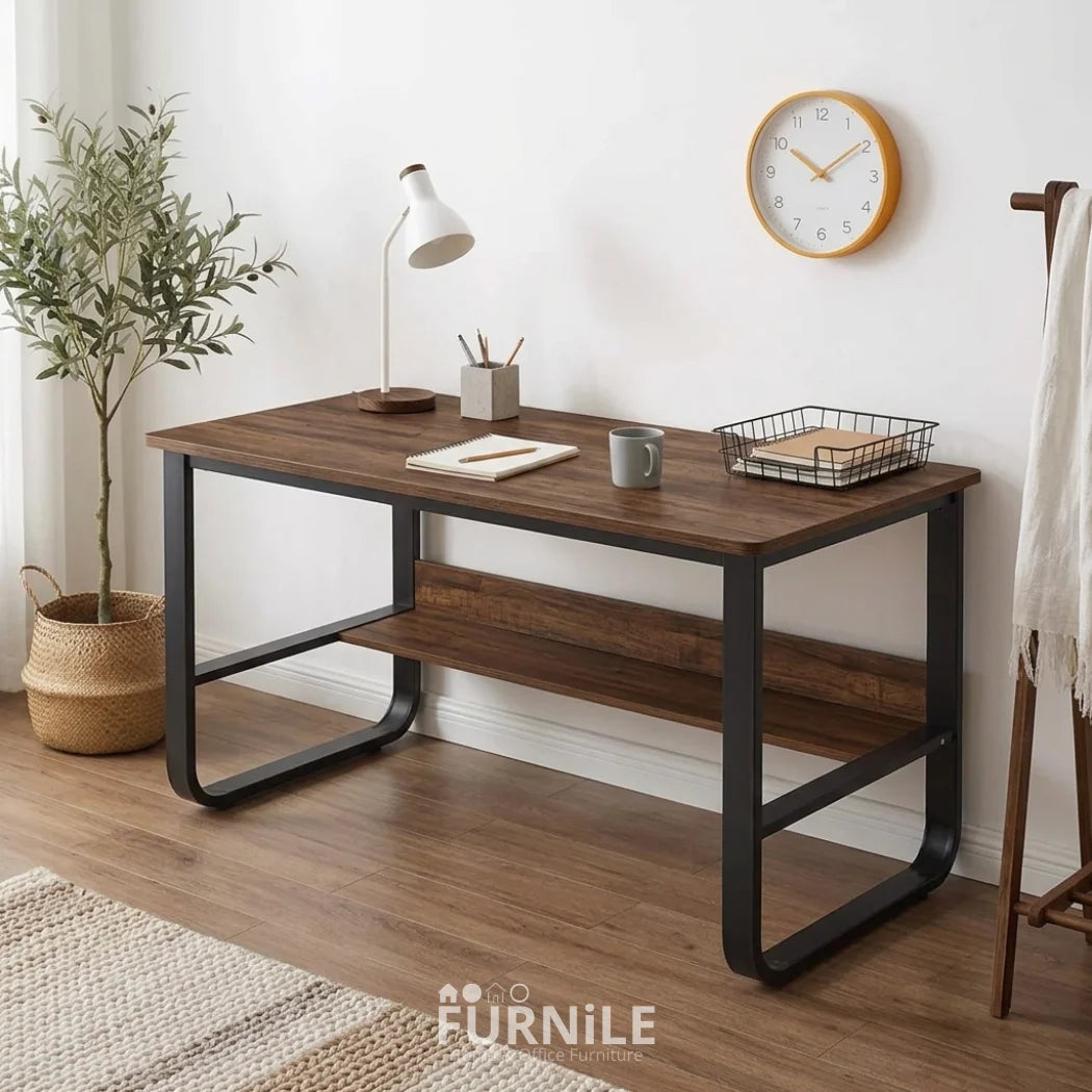 Wood-look desk with dark brown top, black metal frame, and lower open shelf