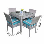 Outdoor rattan dining set for four: gray frame, glass table, turquoise cushions