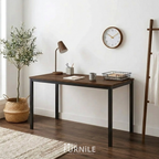 Rectangular desk with dark wood top and black metal legs, open cabinet front.