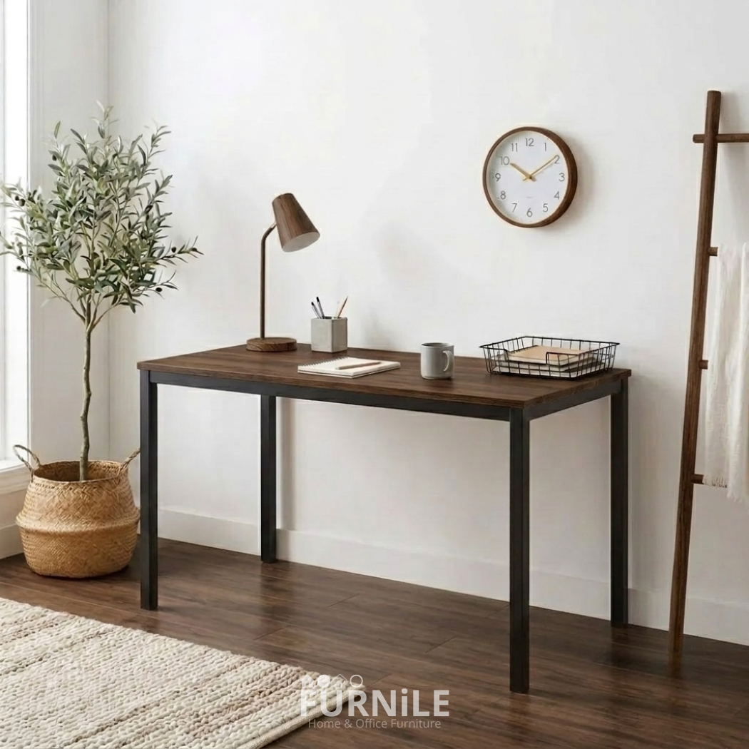 Rectangular desk with dark wood top and black metal legs, open cabinet front.