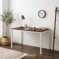 Rectangular desk with dark wood top and white metal legs, open cabinet front.