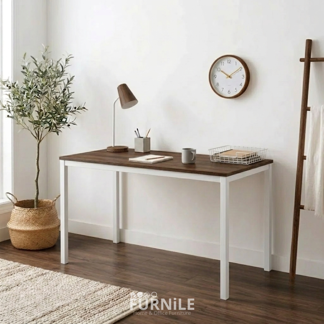 Rectangular desk with dark wood top and white metal legs, open cabinet front.