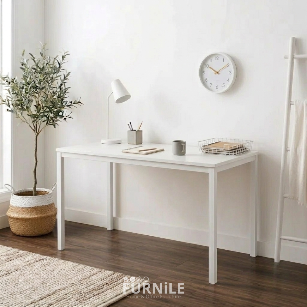 Rectangular white desk with smooth tabletop and white legs, open cabinet front.