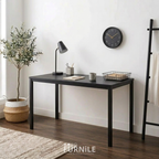 Rectangular desk with dark wood top and black metal legs, open cabinet front.