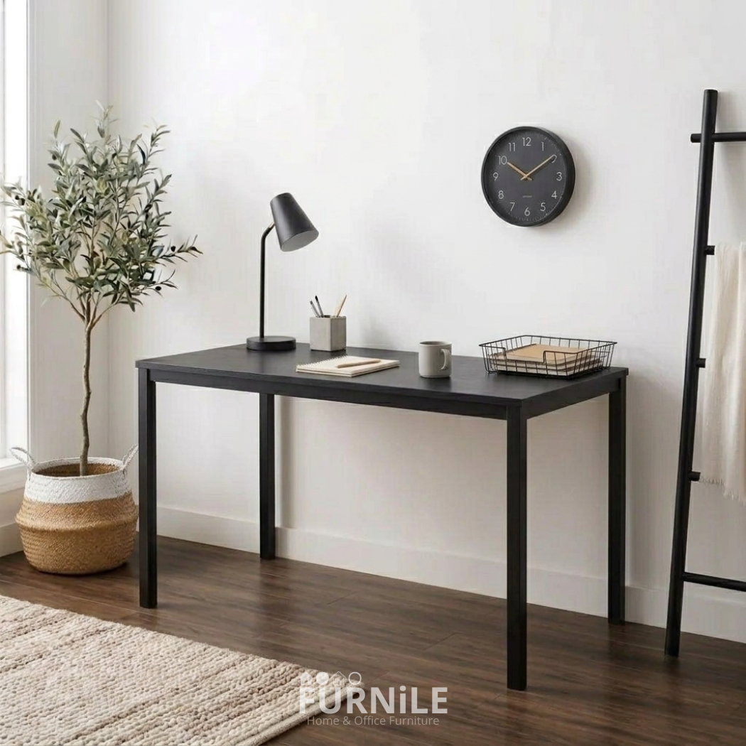 Rectangular desk with dark wood top and black metal legs, open cabinet front.