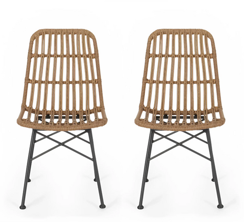Set of 2 beige rattan cafe chairs with black metal legs, no cushions