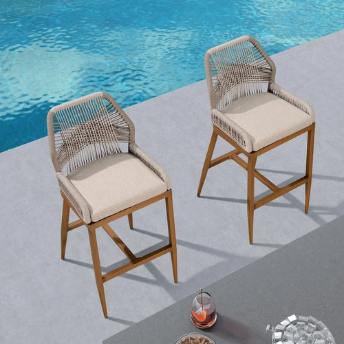 Woven bar stool with light beige seat cushion, wooden legs, arched backrest