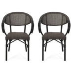 Two outdoor armchairs with dark gray seats and black frames, straight-on view