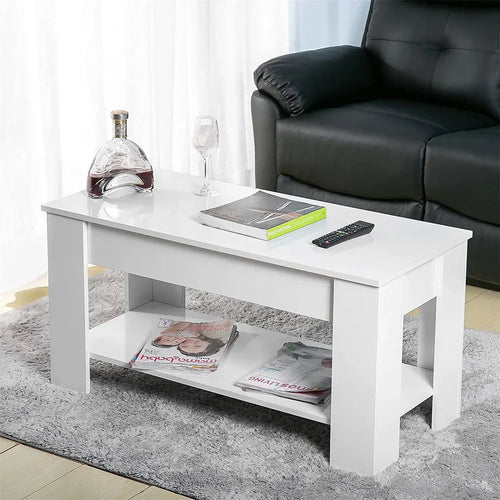 White rectangular coffee table with wide tabletop and two open compartments, MDF