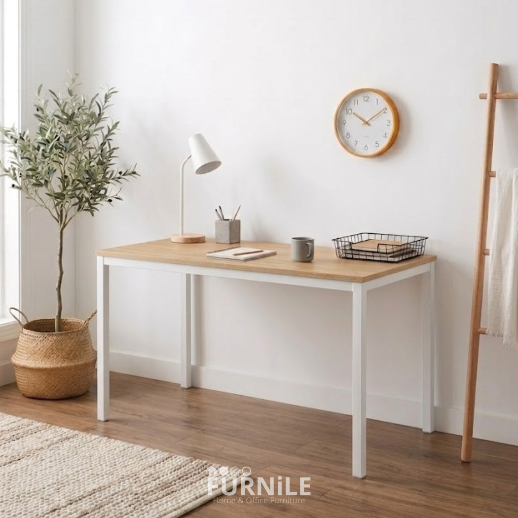 Rectangular desk with light wood top and white metal legs, open cabinet front.