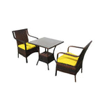 3-piece outdoor dining set: dark woven chairs with yellow cushions and gray table
