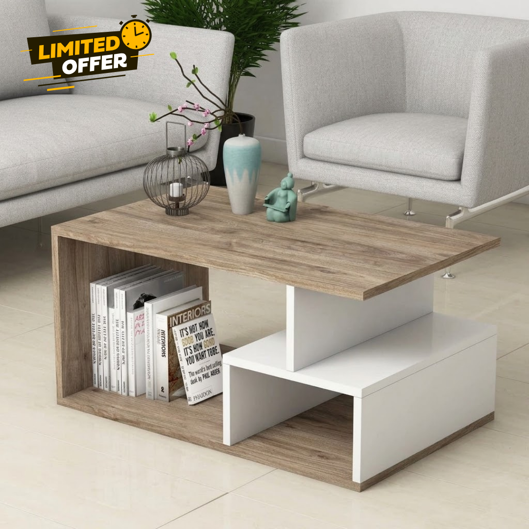 Light wood MDF coffee table with open storage shelf and white center compartment