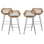 Two rattan bar chairs with oval woven seats, white cushions, black metal legs