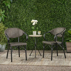 Two outdoor chairs with dark gray woven seats, curved armrests, and black legs