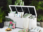 White poly rattan storage box with open hinged lid and black liner