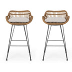 Pair of rattan bar stools with white seat cushions, curved backs, black metal legs