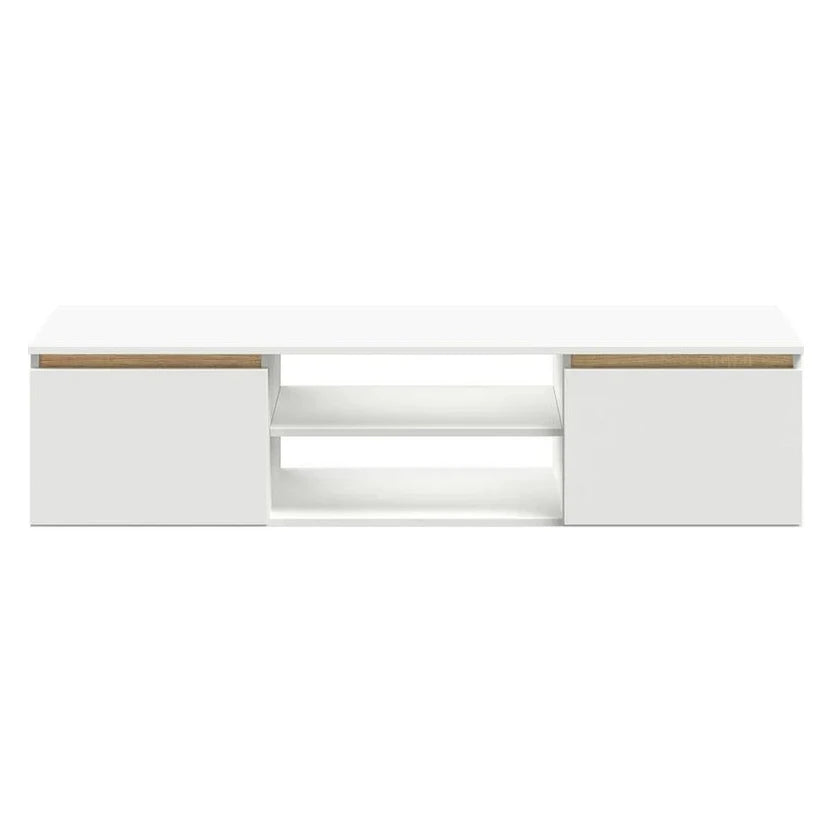 White TV cabinet with two doors, wood-effect top, and central open shelf