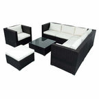 Outdoor furniture set (5 pieces): sectional sofa, ottoman, two chairs, white cushions, glass table