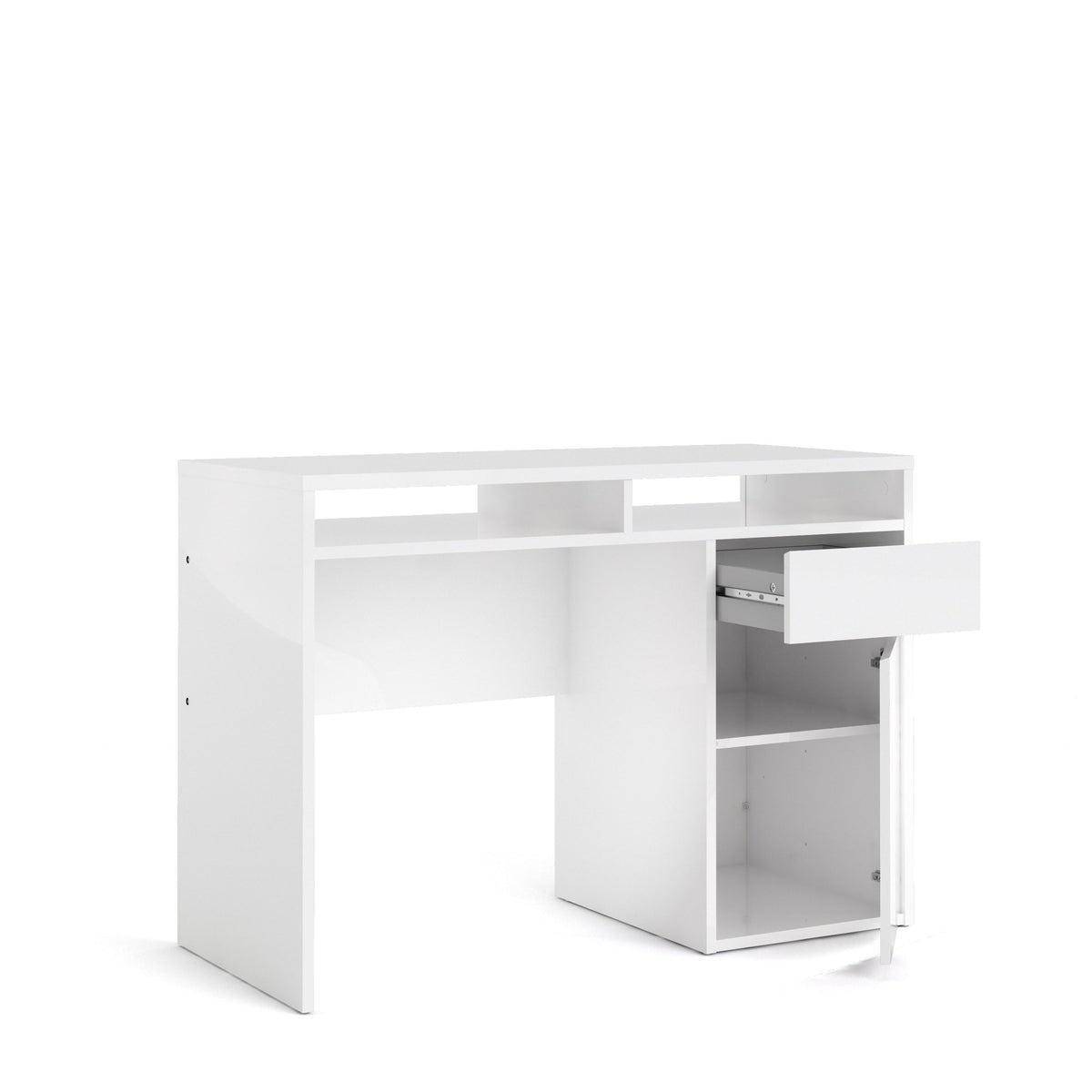 White desk with open storage cubby and sliding drawer, wide tabletop