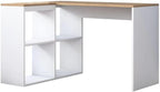 White desk with light wood top and open shelves under the tabletop, right end view