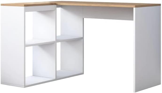 White desk with light wood top and open shelves under the tabletop, right end view