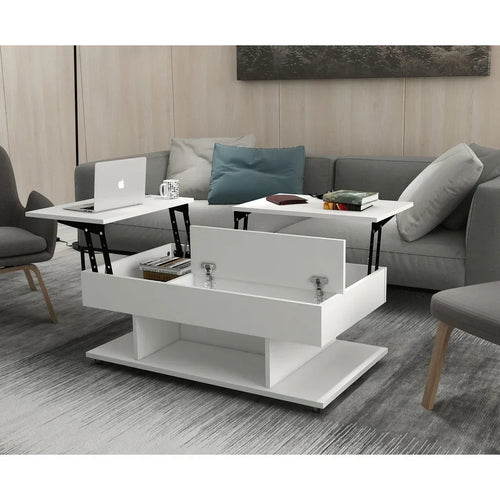 Rectangular white MDF coffee table with open storage shelf and two cubby compartments