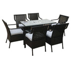 Marvel rattan dining set for 6: black woven chairs, clear glass table, white seat cushions