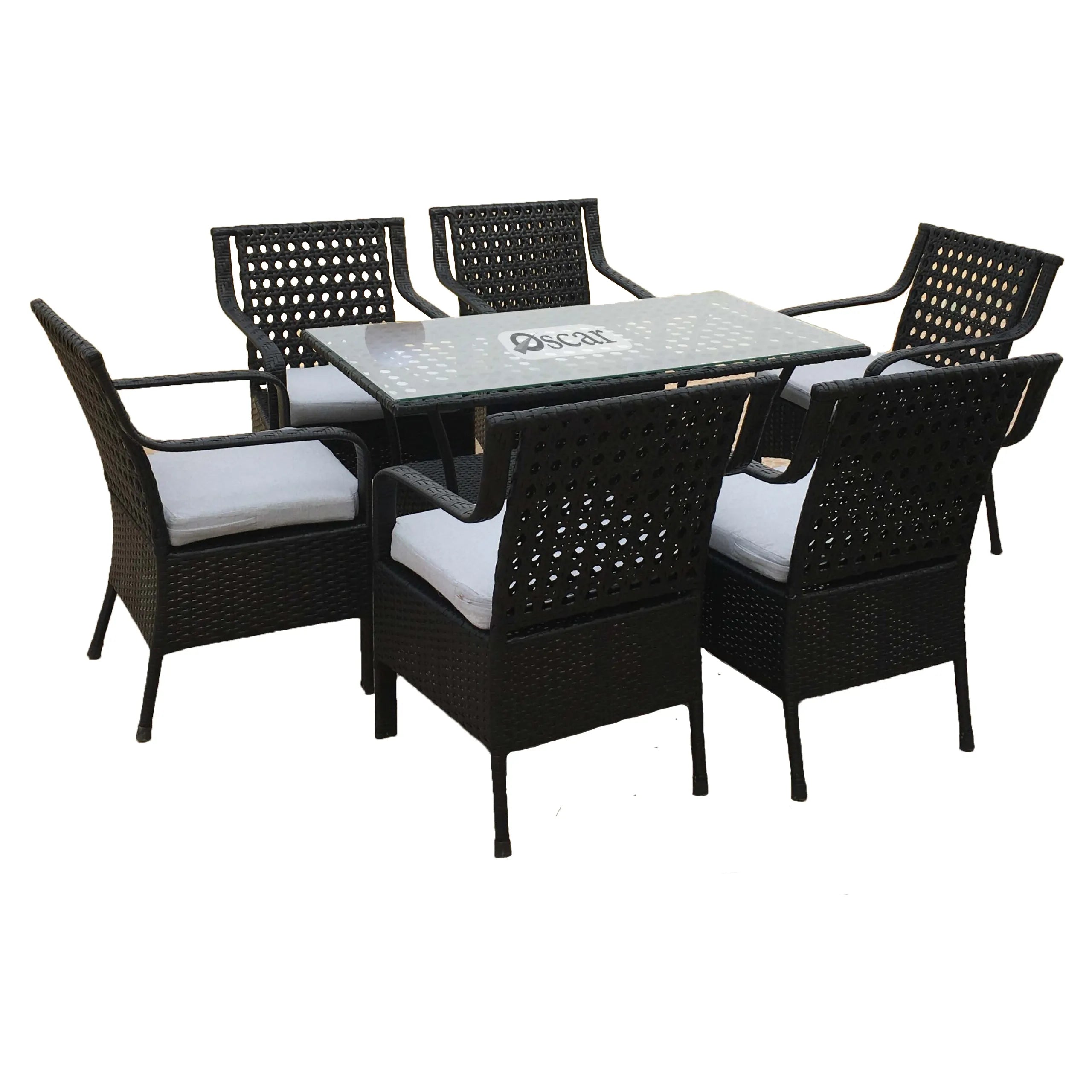Marvel rattan dining set for 6: black woven chairs, clear glass table, white seat cushions