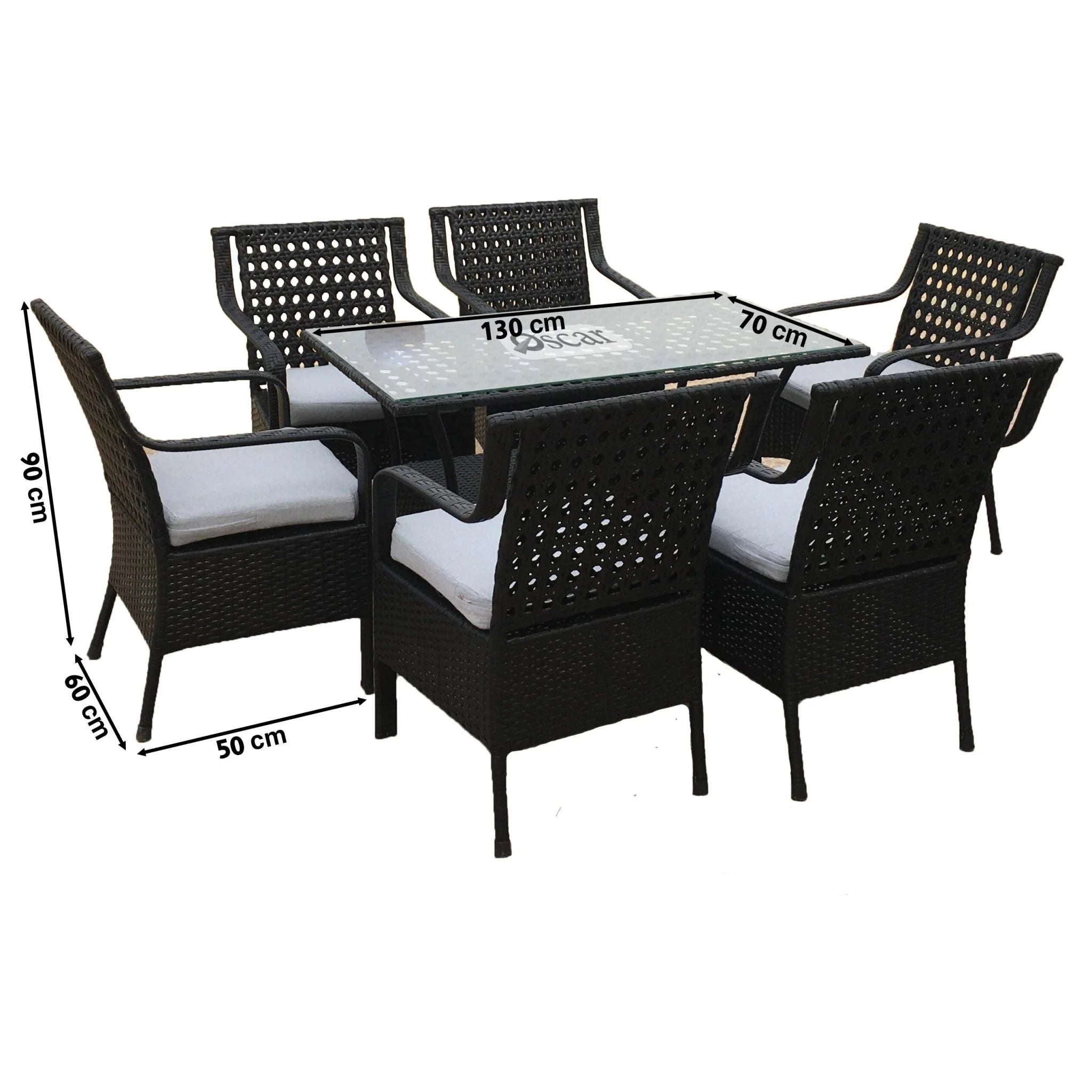Marvel rattan dining set for 6; table label 130x70 cm, black woven chairs, white cushions