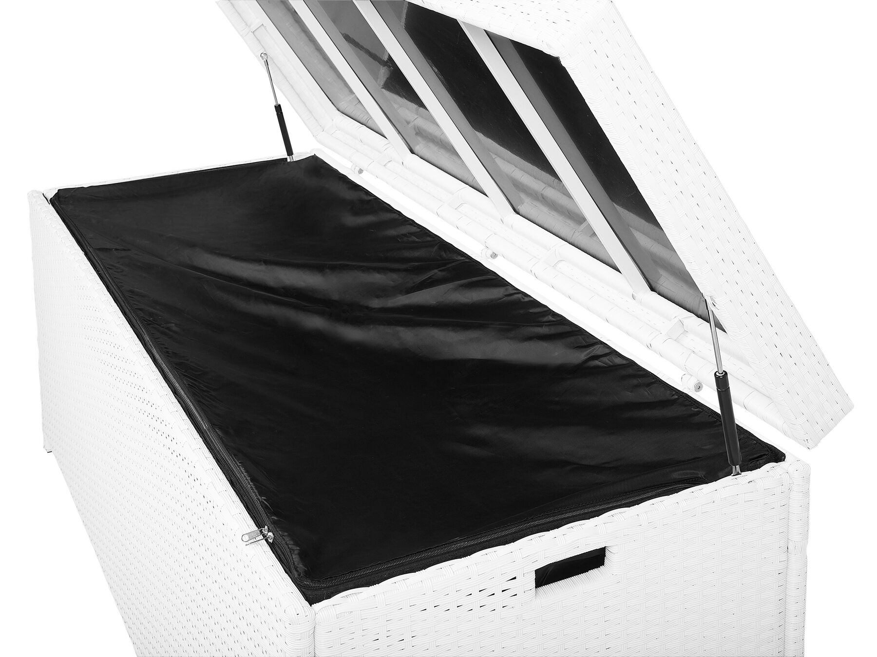 White poly rattan storage box with open lid showing black interior base